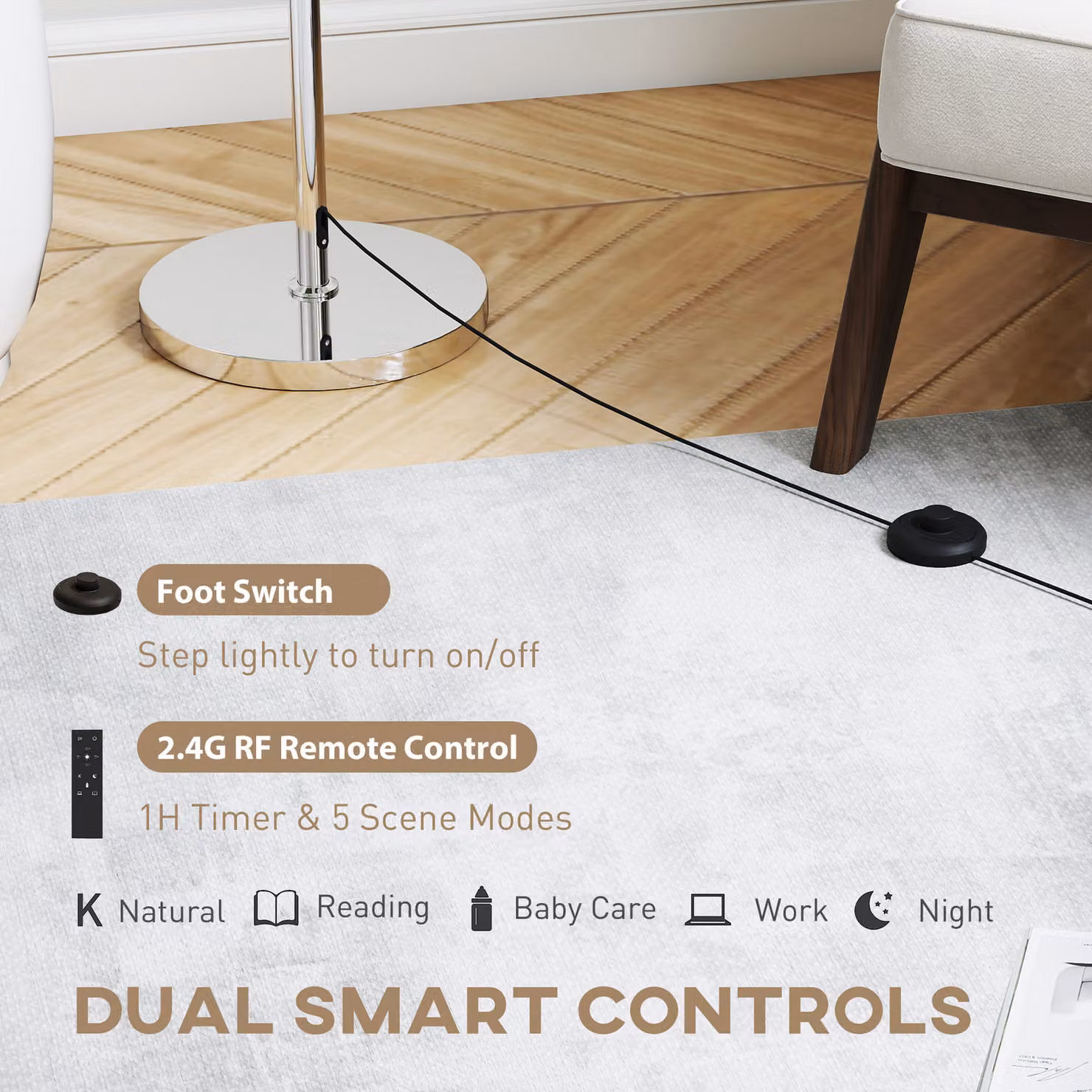 HOMCOM Silver Floor Lamp with Remote Control, Height Adjustable Dimmable Standing Lamp with Fabric Shade and Foot Switch for Living Room, Bedroom or Office – 3