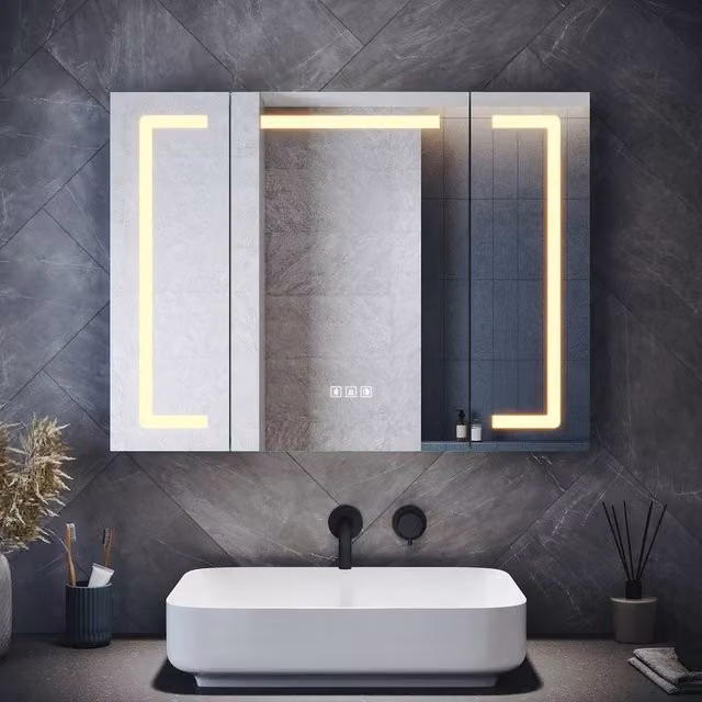 PAWNORA White LED Bathroom Mirror Cabinet with Integrated Lighting, Anti-Fog Feature and Internal Shelves – 1