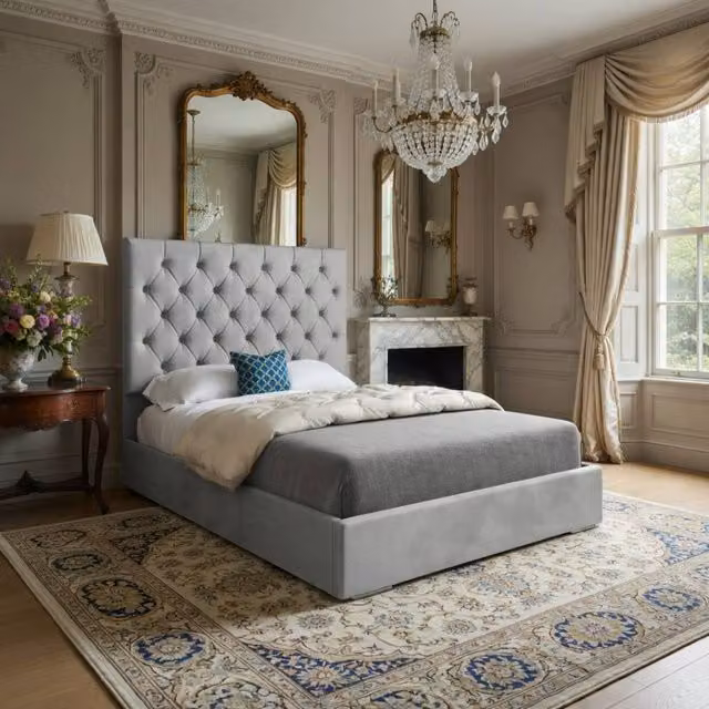 KDMD Fikston Chesterfield Upholstered Velvet Bed Frame in Grey, Size: King (W/D/H: 180 x 200 cm) – 1