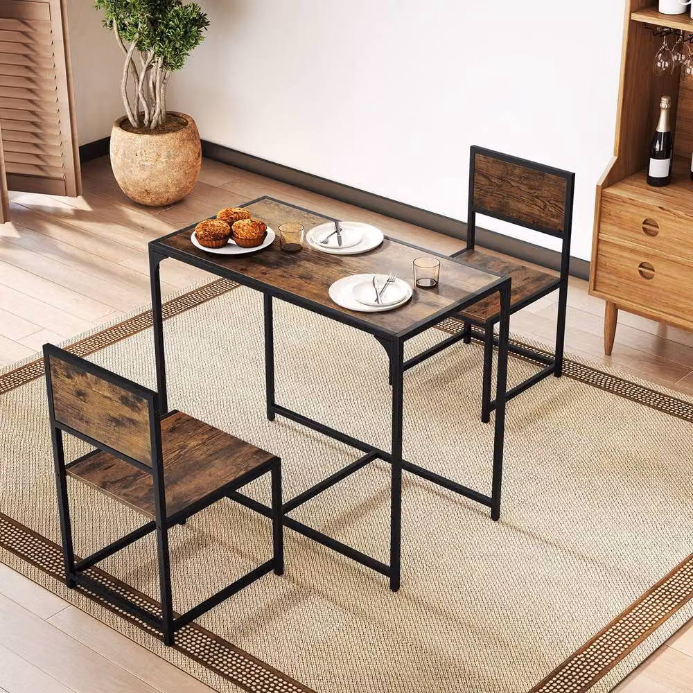 Costway 3 Piece Industrial Dining Set with Rectangular Kitchen Table and 2 Chairs in Brown – 7