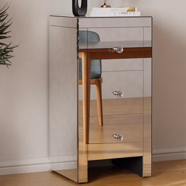 Comfy Living Silver Mirrored 3 Drawer Bedside Table with Glossy Glass Top