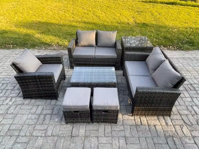 Fimous 7 Seater Rattan Garden Furniture Set in Grey with L-Shape Sofa, Armchairs, Coffee Table and Ottomans