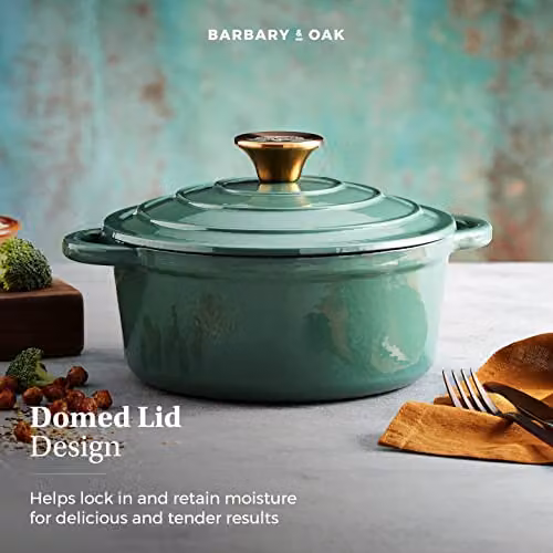 Barbary & Oak Enamelled Cast Iron Round Casserole Pan, Green, 20cm – 8