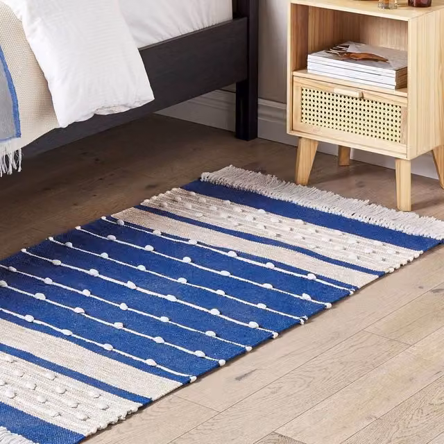 Wyld and Coco Navy Blue and Beige Geometric Handwoven Cotton Rug, W: 80 cm, L: 150 cm