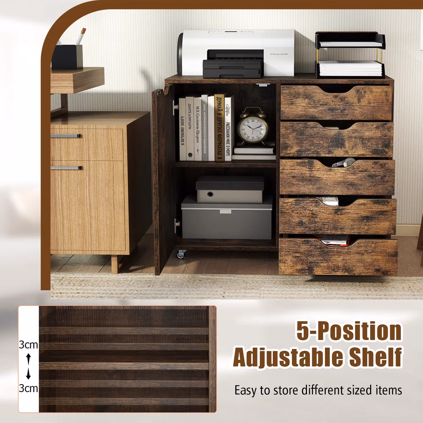 Gymax 5-Drawer Mobile Chest of Drawers with Adjustable Shelf and Lock, Brown – 6