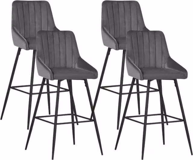 Set of 4 Novecrafto Modern Velvet Bar Stools with Metal Footrest Base in Grey and Black