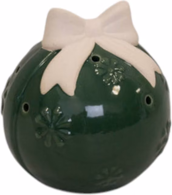 Four Candle Green and Beige Ceramic Christmas Bauble with Flower Design