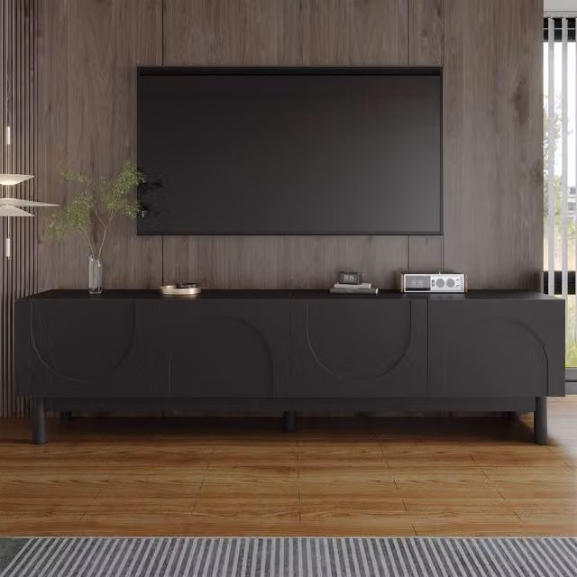 Merax Black Low TV Stand with Four Push-to-Open Doors and Solid Wood Legs, W: 169 cm, D: 45.5 cm, H: 45.5 cm