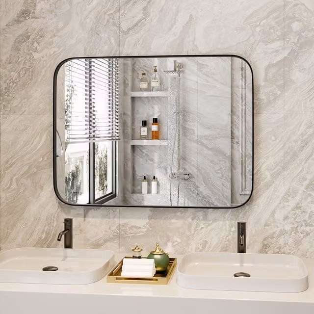 Livingandhome Modern Rectangular Aluminum Frame Wall Mirror in Black, 80 cm
