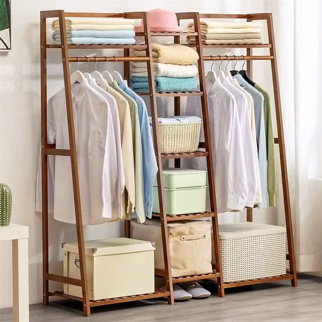 Livingandhome Bamboo Multi-Functional Clothes Rack with 5-Tier Storage Shelves in Brown