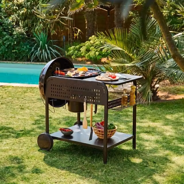 Sweek Round Charcoal Barbecue in Black, Enamelled Steel with Trolley and Thermometer, Diameter: 53 cm
