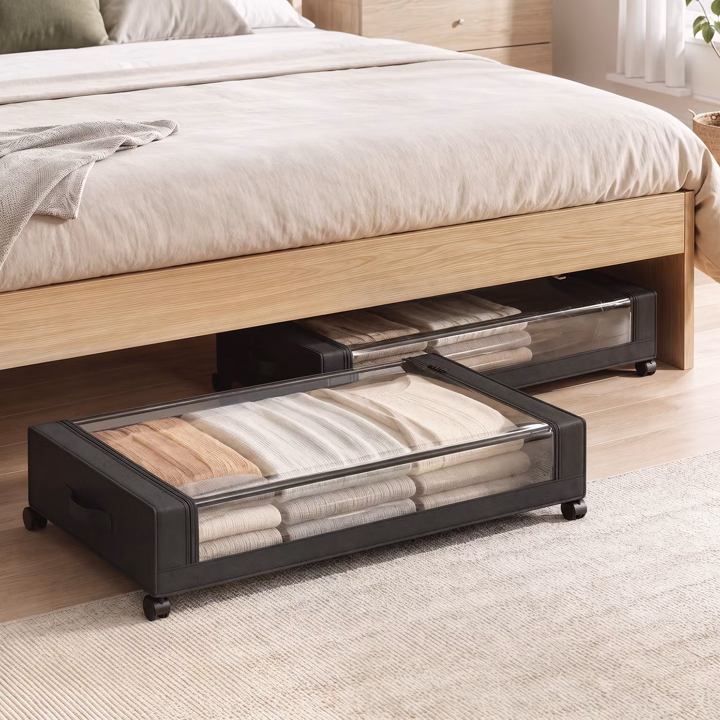HOMCOM Pack of 2 Black Fabric Under Bed Storage Drawers with Clear Lids and Wheels, 40L Capacity – 2