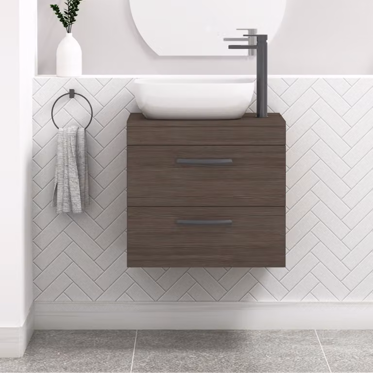 Royal Bathrooms Grey Elm Wall Hung Vanity Unit with Elva Countertop Basin and Matt Black Handles, Width: 60 cm