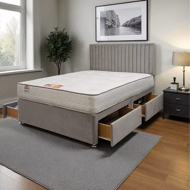 Knight Sleep Emily Plush Bed Set with Hybrid Mattress, 4 Drawers and 24 inch Headboard in Silver Grey, W/D/H: 120 x 200 cm