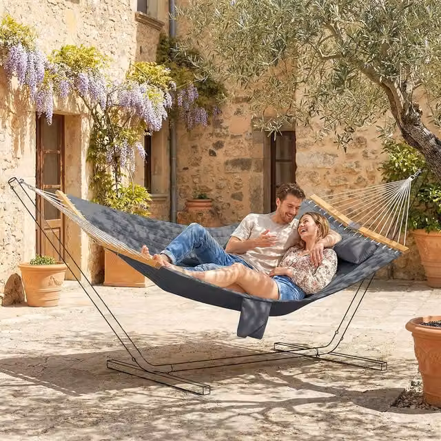 Outsunny Double Hammock with Stand and Spreader Bar, Grey Padded Swing Bed for 2 Adults