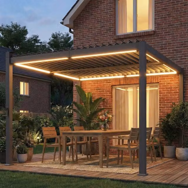 Outsunny Black Louvered Pergola with Solar LED Lights, W 300 cm x D 300 cm