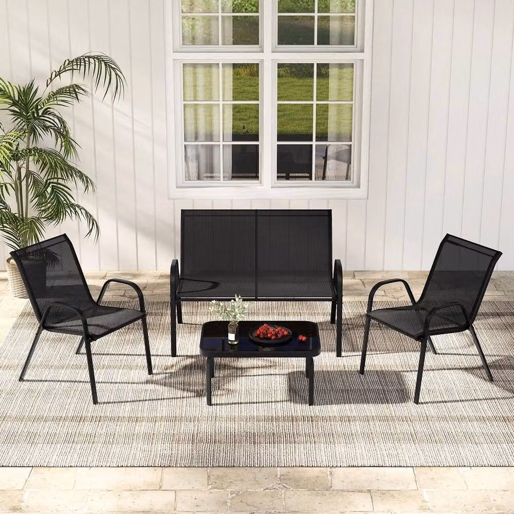 Hinsinc Black 4-Piece Metal and Glass Patio Table and Chairs Set – 5