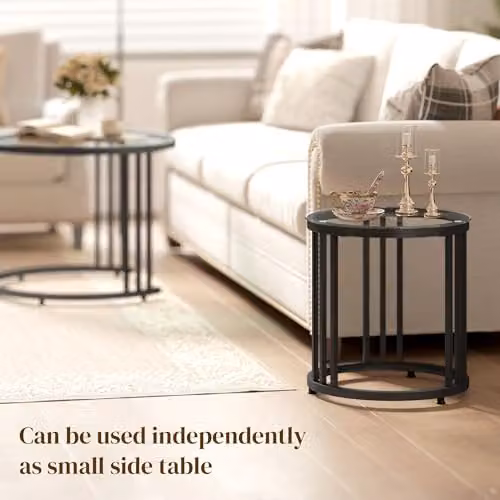 HOMCOM Set of 2 Round Nesting Coffee Tables with Black Tempered Glass Tops – 6