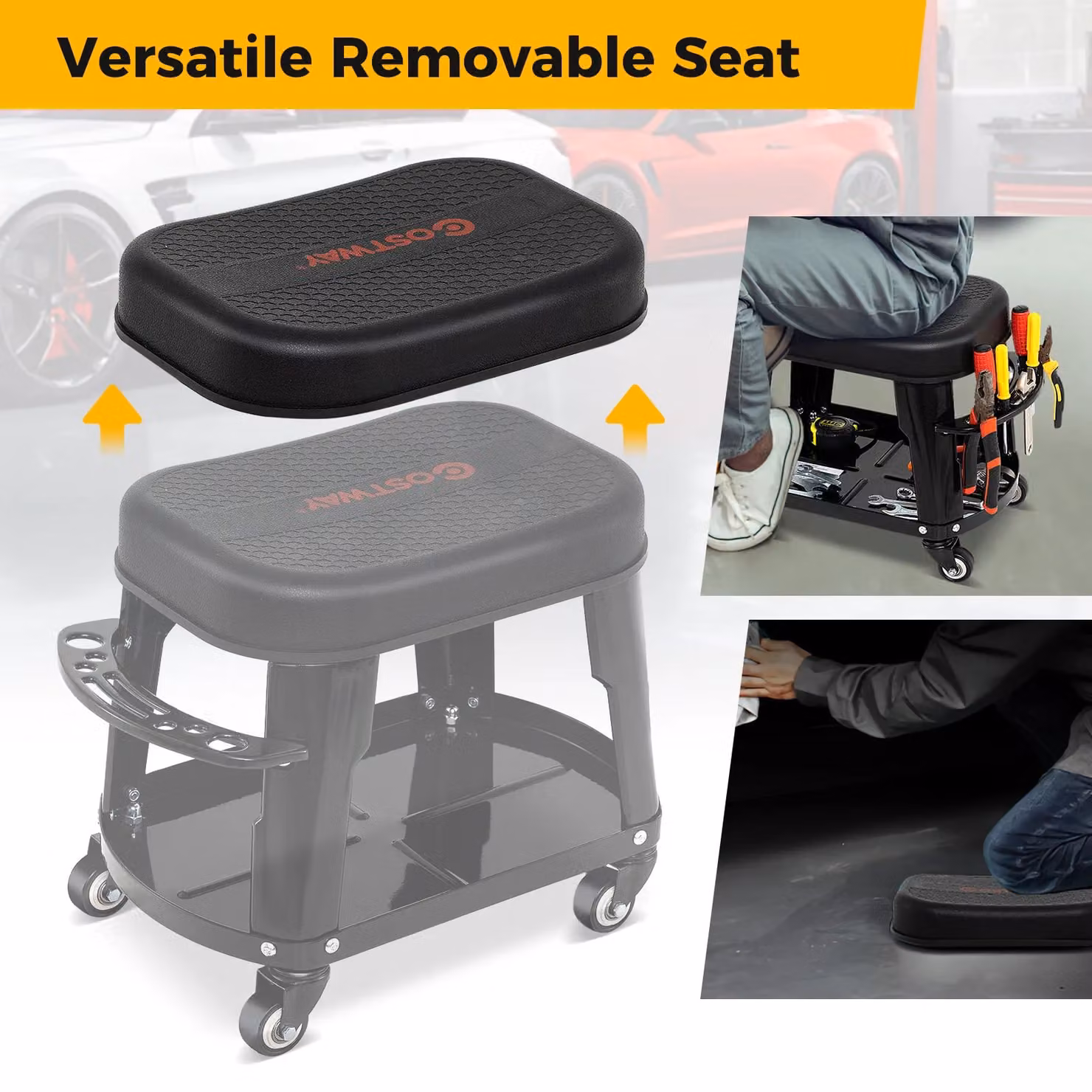 Gymax Black Metal Garage Rolling Stool Creeper Seat with Detachable Seat and Tool Holder, W/D/H: 46.0 x 35.0 x 35.0 cm – 5
