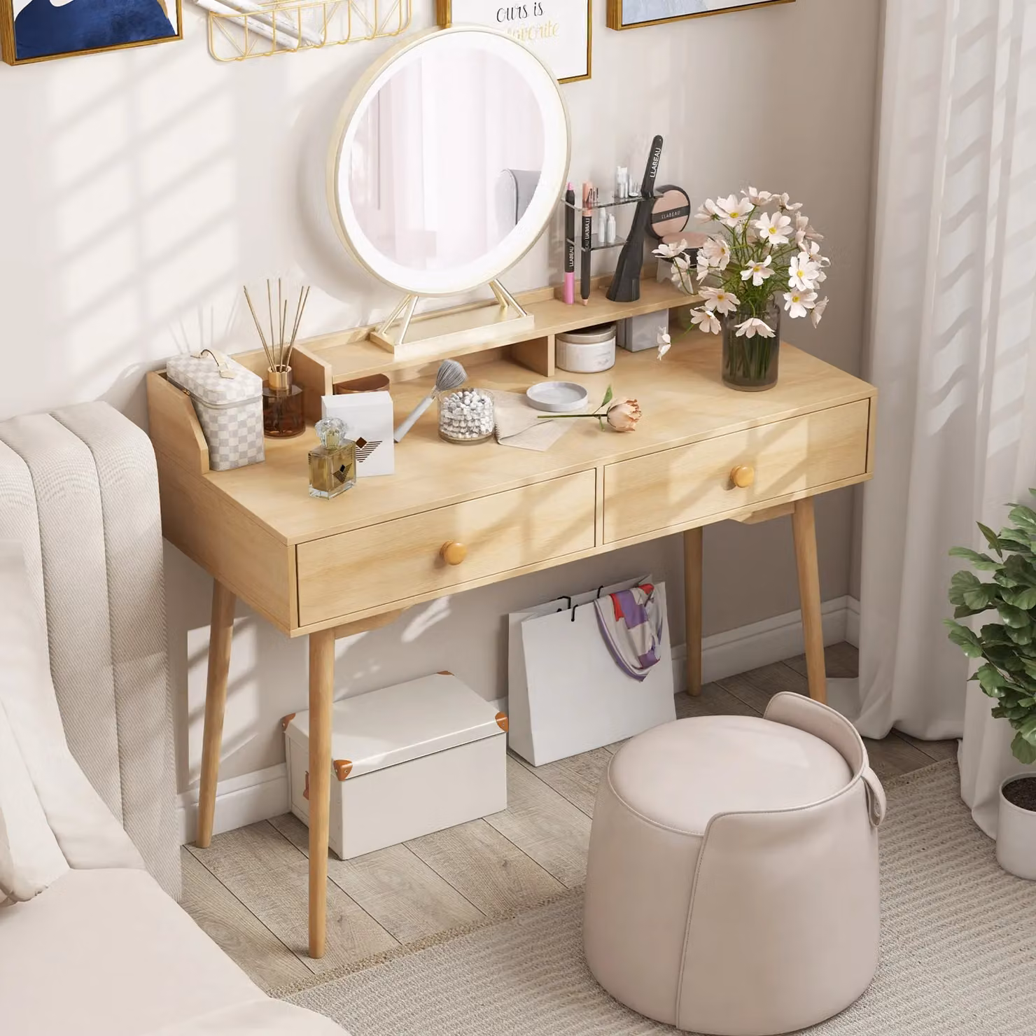 Gymax Writing Desk with Hutch, 2 Drawers and Monitor Stand in Beige – 3