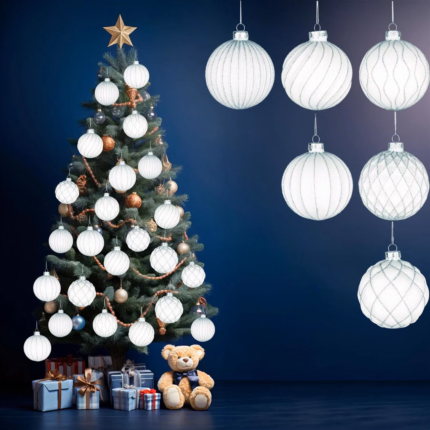 Shatchi 12-Piece Set of White and Silver Glass Christmas Baubles with Abstract and Geometric Designs, Diameter: 8 cm – 9