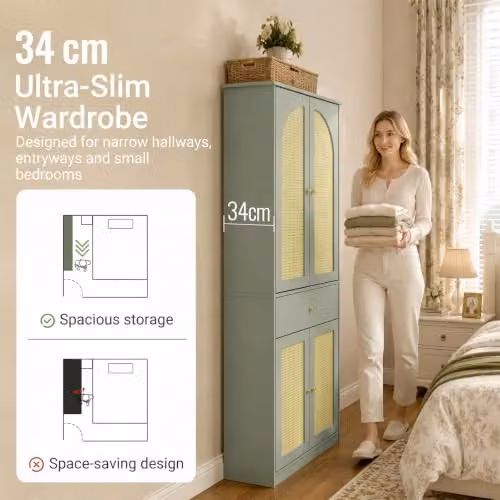 SoBuy Country House Wardrobe with Rattan Doors, Internal Drawers and Hanging Rail in Green and Yellow, H 180 x W 70 x D 40 cm – 3