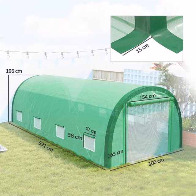 FLAVORA Green Upgraded Polytunnel Greenhouse with Galvanised Steel Frame and Window, W/D/H: 6.0 x 3.0 x 3.0 m