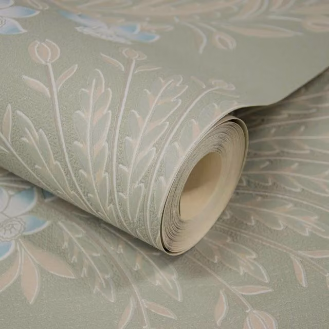 Grandeco Flora Damask Botanical Floral Blown Vinyl Wallpaper in Green
