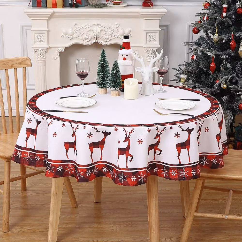 London Boutique Round Water-Resistant Polyester Christmas Tablecloth with Deer Design in White, Diameter: 152.4 cm – 3