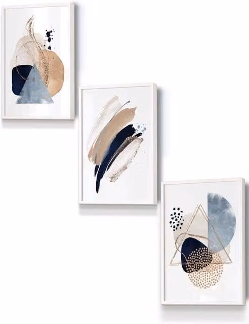 ARTZE Boho Abstract Geometric Framed Wall Art in Blue, Beige and Gold, W: 33 cm, H: 45 cm, D: 2 cm
