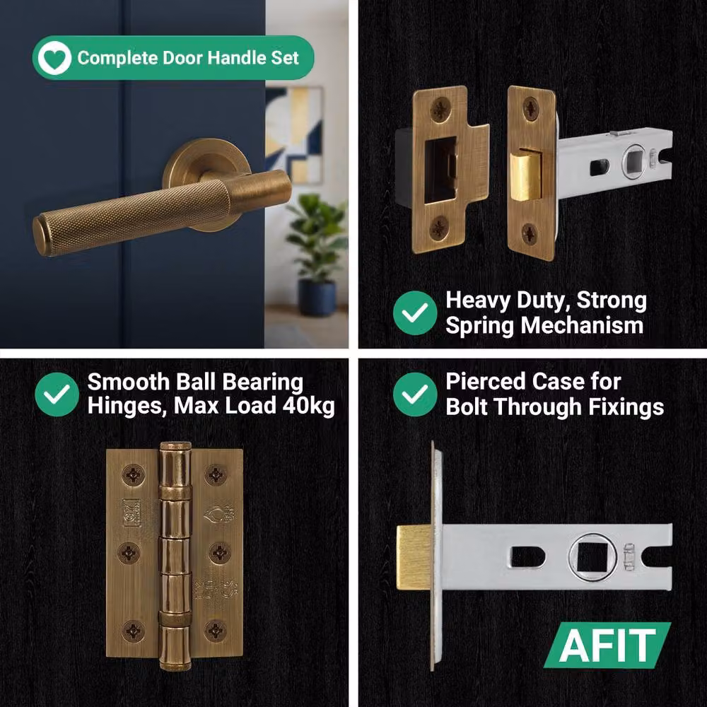 AFIT Antique Brass Knurled Lever Handles with Rose, Latch and Hinges, 5 Pairs, Bronze – 6