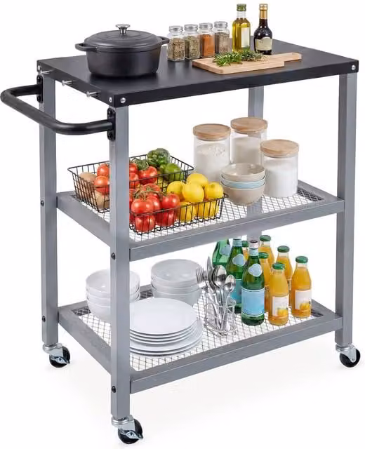 Costway 3-Tier Rolling Metal Kitchen and Garden Utility Cart with 6 Hanging Posts in Silver – 1