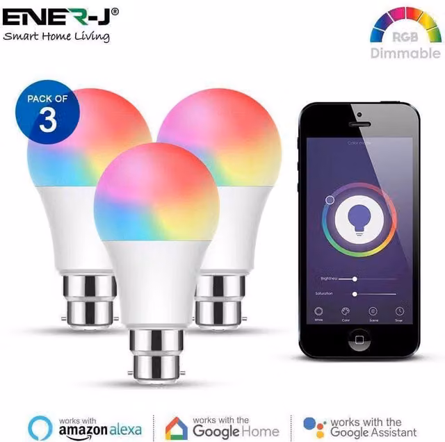 ENER-J Smart WiFi A60 GLS LED Bulb 3 Pack, B22, 9W RGBW Multicolour and White, Dimmable – 1