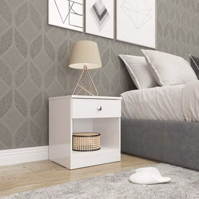 Seconique Denver 1 Drawer Bedside Table in White Gloss