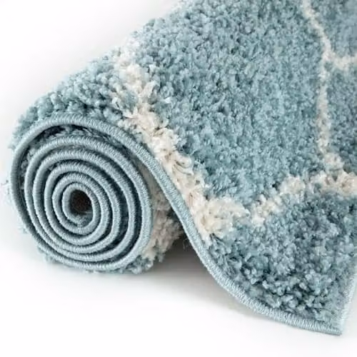 THE RUGS Modern Moroccan Shaggy Rug in Duck Egg Blue and Ivory, W: 240 cm, D: 340 cm – 4