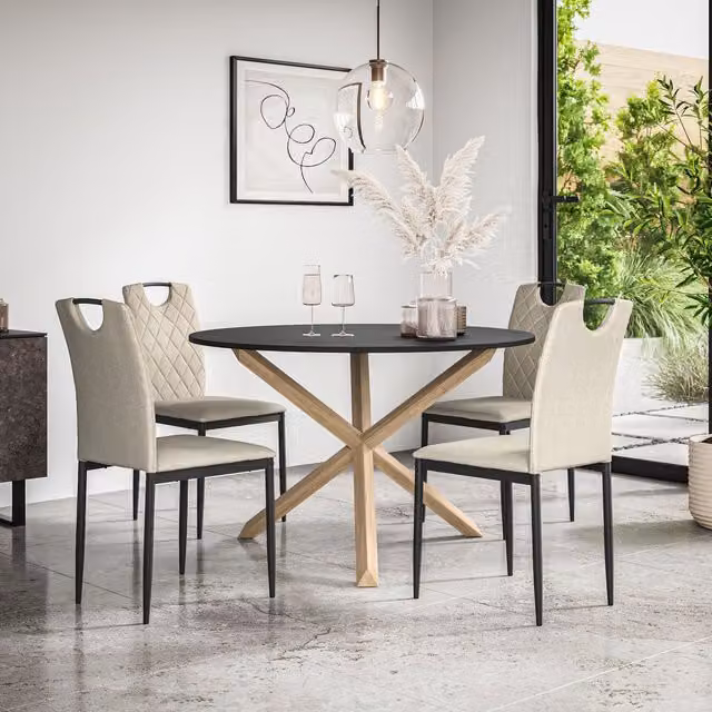 More4Homes Malvern Round Dining Table and 4 Monza Fabric Chairs Set, Black Table Top with Solid Oak Legs and Beige Chairs, Diameter: 120 cm, Height: 75 cm