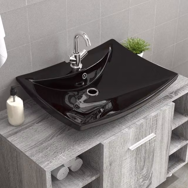 Berkfield Home Black Luxury Rectangular Ceramic Basin with Overflow and Faucet Hole – 1
