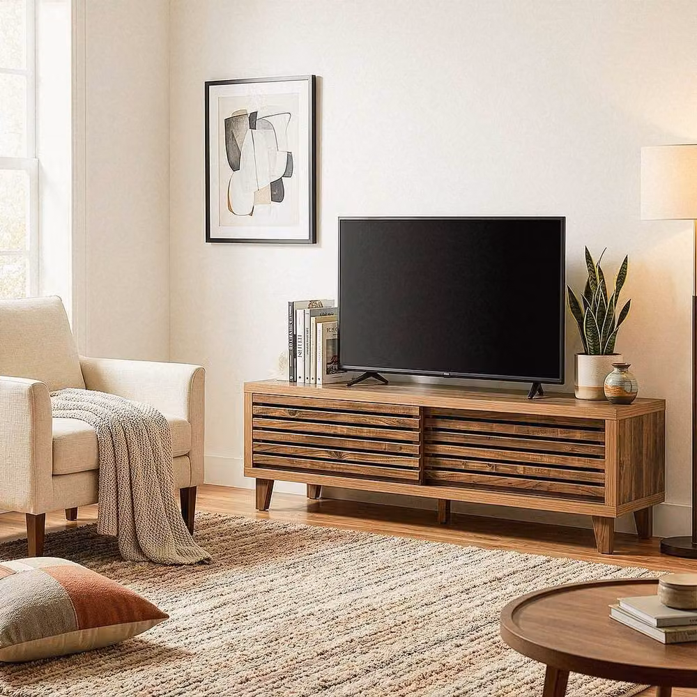 CALICOSY LIAM TV Stand with 2 Sliding Doors and Openwork Slats, Dark Brown, W: 140 cm, D: 35 cm, H: 45 cm – 2