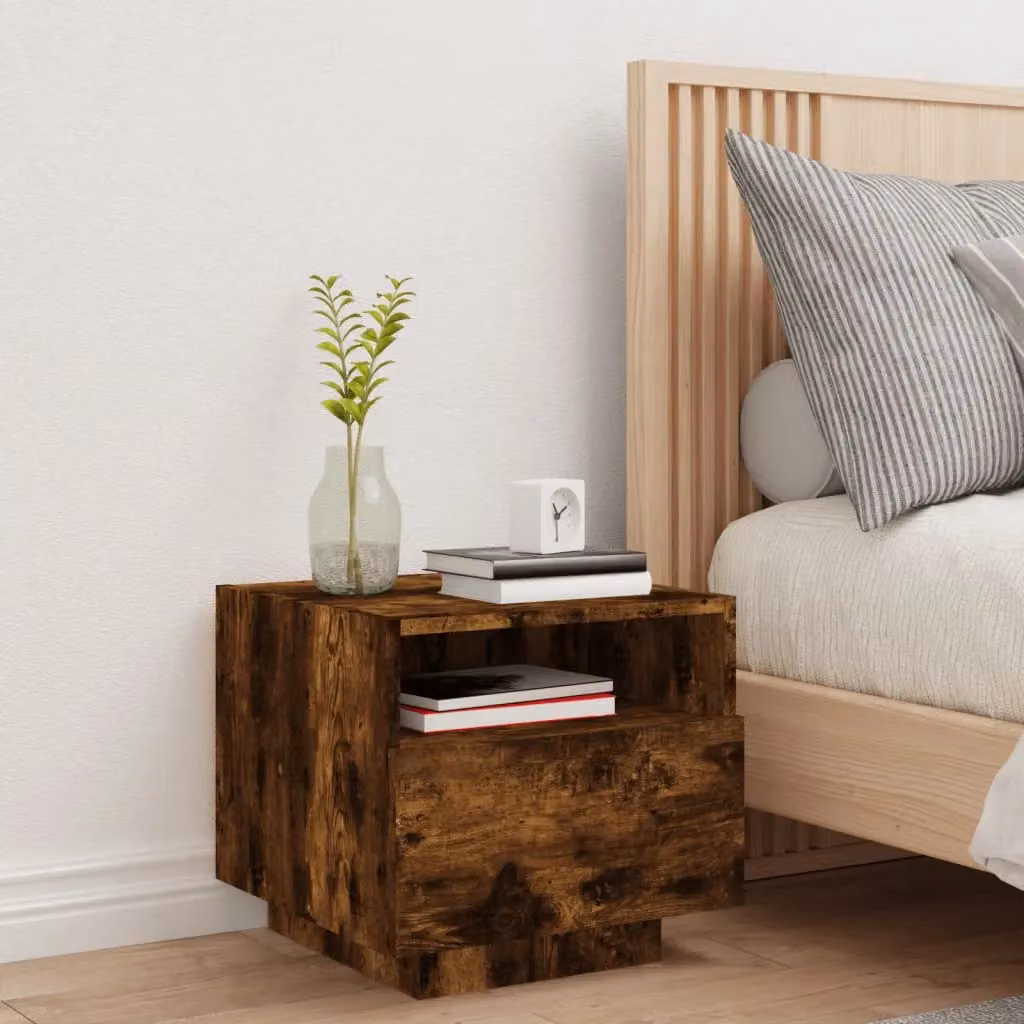 Berkfield Home Bedside Cabinet with Integrated LED Lights in Smoked Oak Brown, W/D/H: 40 x 39 x 37 cm – 3
