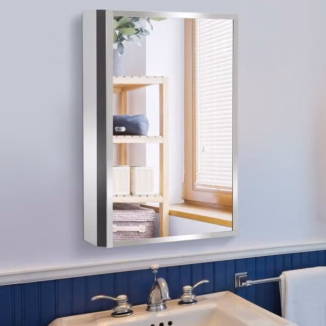 HOMCOM Stainless Steel Wall Mounted Bathroom Mirror Cabinet with Hinged Doors and Internal Shelves in Silver