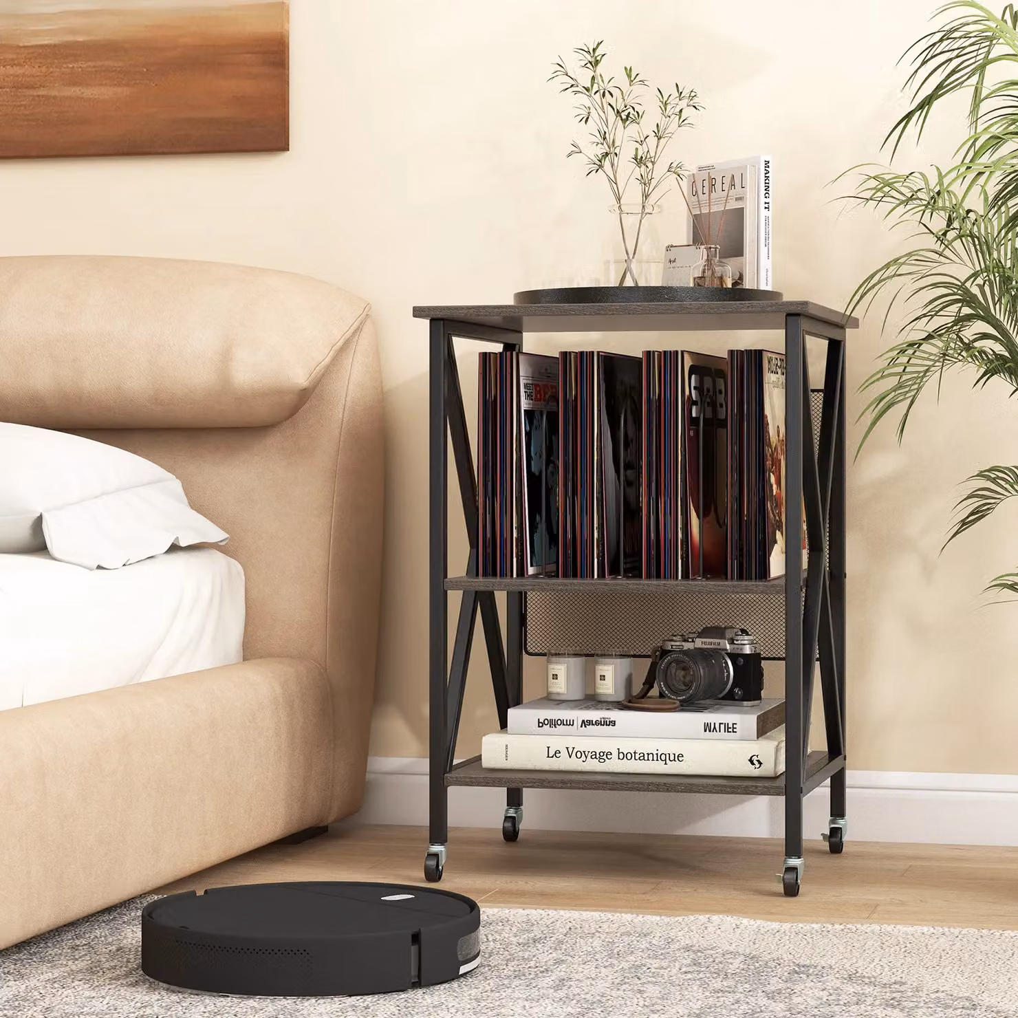 Costway Grey Record Player and Turntable Stand with Divider and Lockable Castors – 8