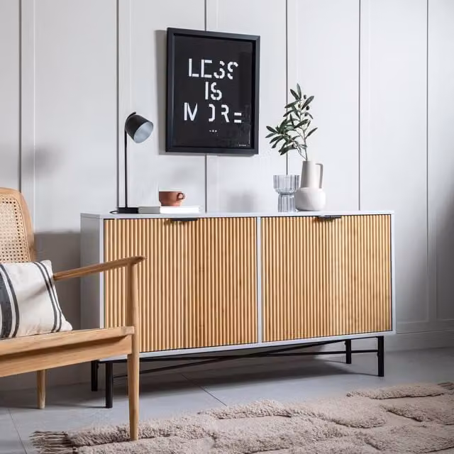Noa and Nani Modern Grey and Black Pine Sideboard with Rattan Wood Details