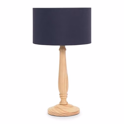 ValueLights Traditional Light Wood Candlestick Table Lamp with Navy Blue Fabric Drum Shade and LED Bulb, H 45.5 x W 25.5 x D 25.5 cm