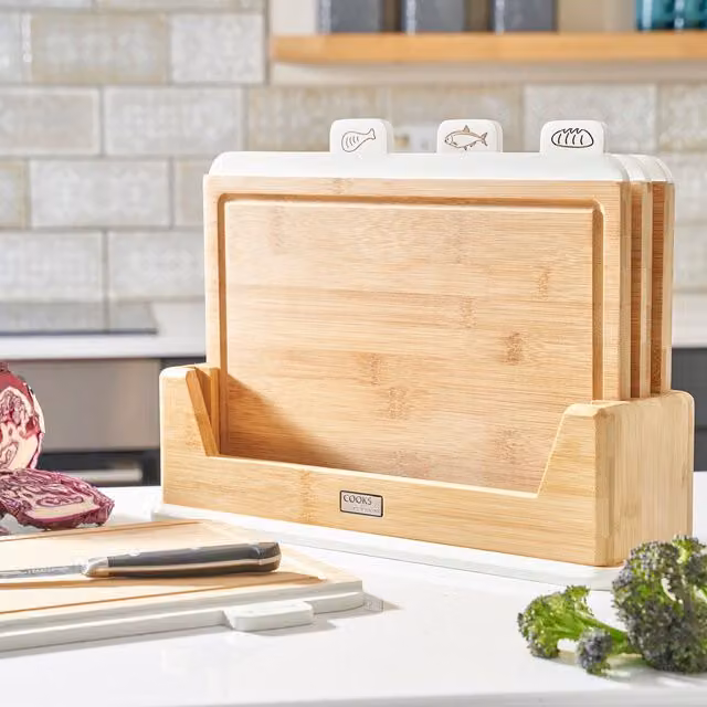 Cooks Professional Set of 4 White Bamboo Index Chopping Boards with Stand and Food Type Tabs – 1