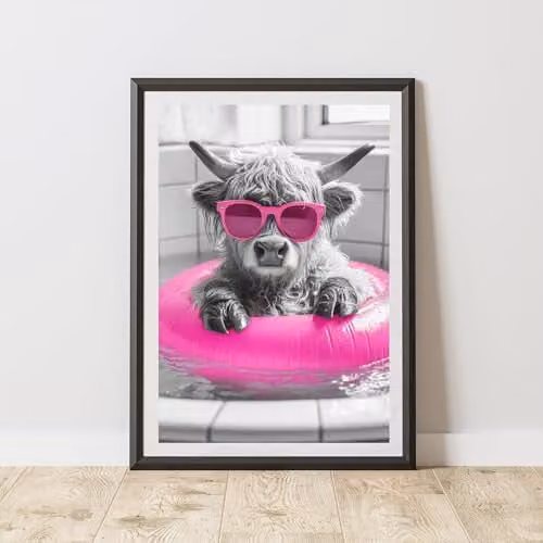 60 Second Makeover Highland Cow with Pink Rubber Ring Animal Print Paper Poster, A3