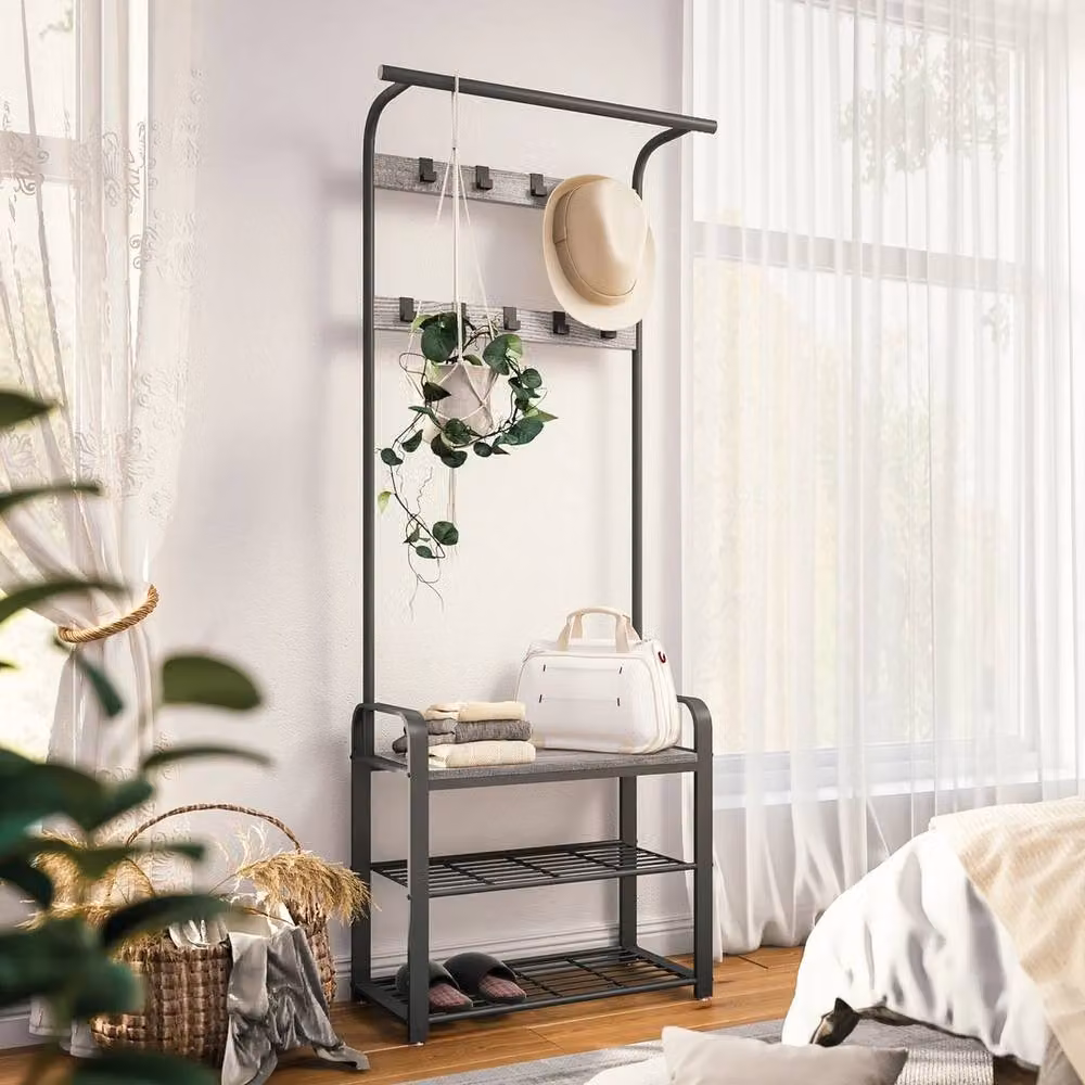 KORVIXA Industrial Hall Tree with Shoe Storage Bench in Matt Black Metal and MDF – 3