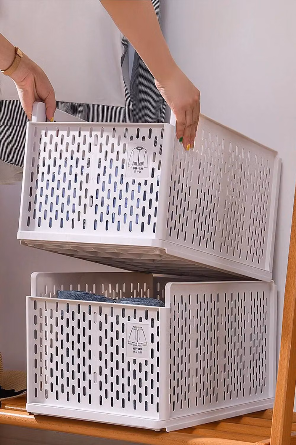 Living and Home Stackable Plastic Clothes Storage Basket Organiser in White – 2