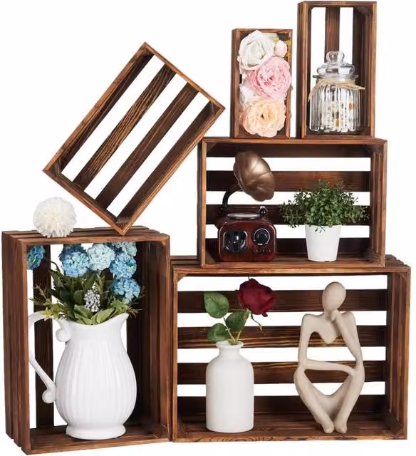 VOGREX 6 Piece Set of Slatted Natural Wood Storage Crates in Brown and Multicolour – 1