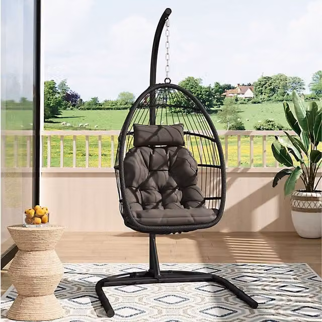 Livingandhome Modern Black Rattan Garden Hanging Egg Chair with Cushion