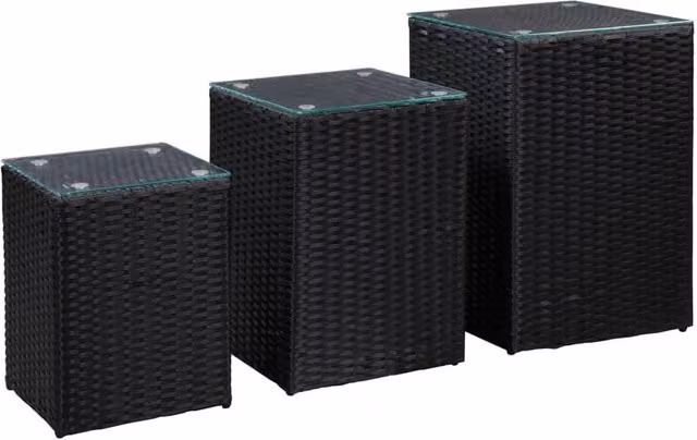 Berkfield Home Set of 3 Modern Black Poly Rattan Side Tables with Glass Tops